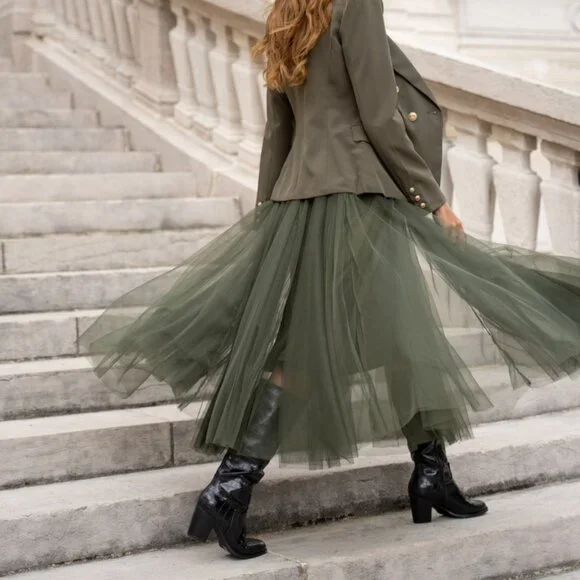 QUIRKY GOTH BOHO HIPPY FAIRIE WEDDING OLIVE GREEN MAXI PULL ON TULLE SKIRT M/L